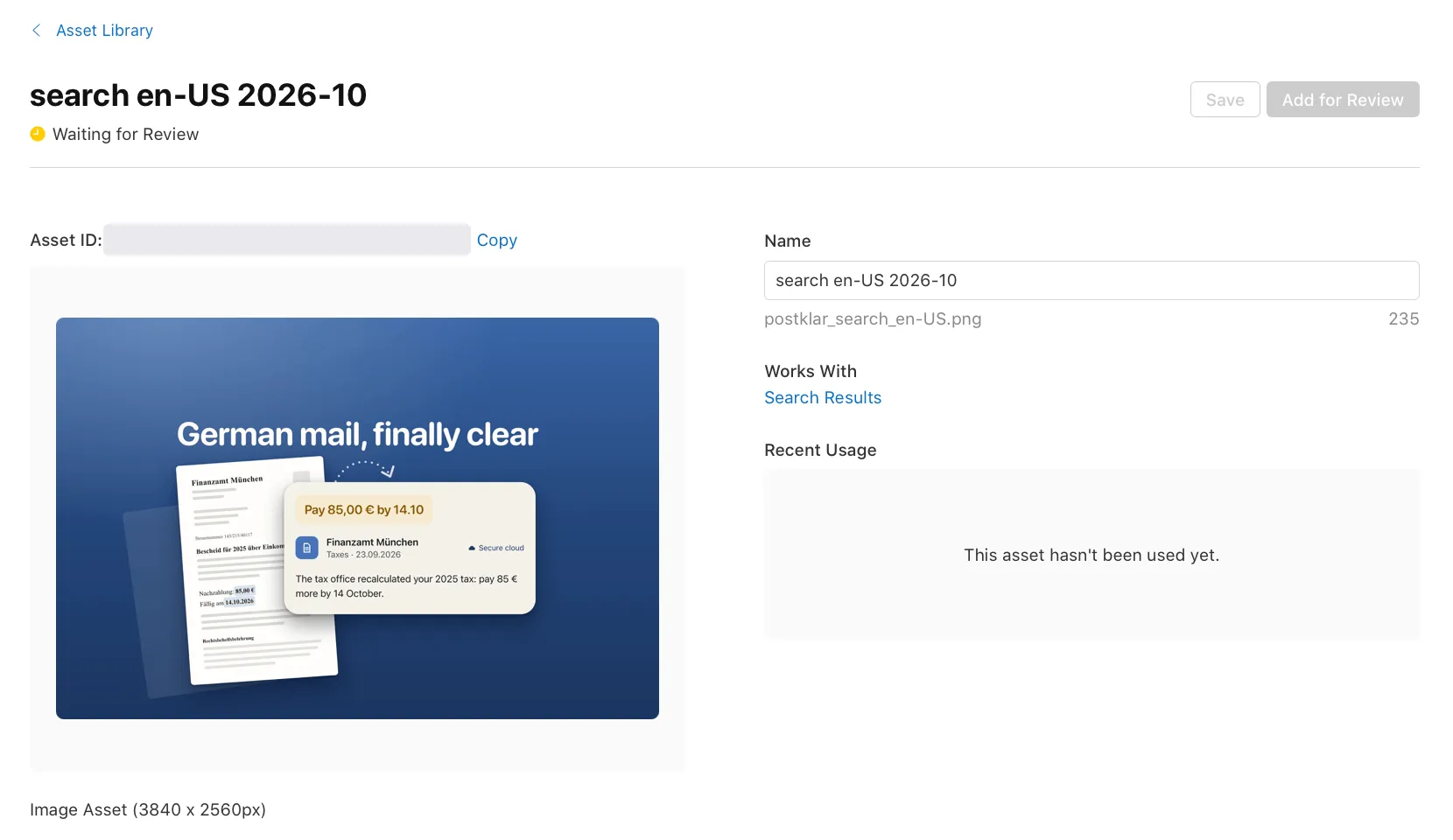 One asset in App Store Connect: name, file name, the placement it works with and the image size