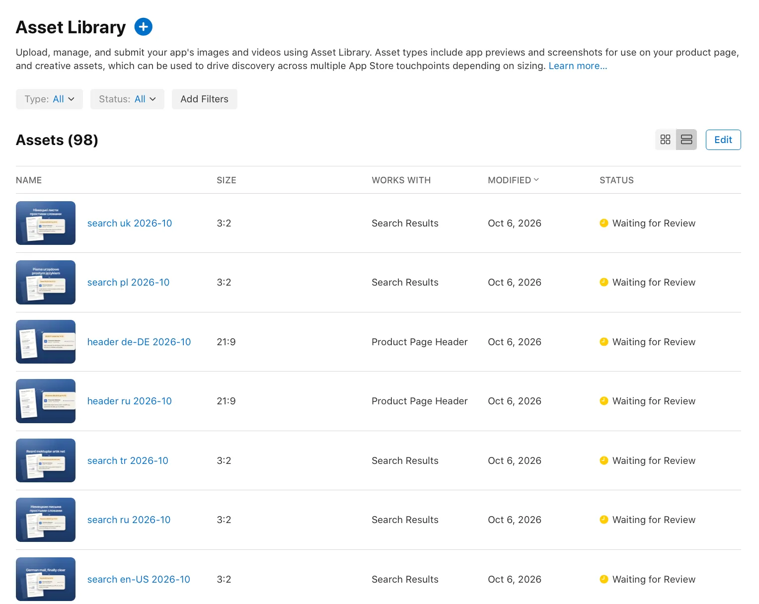 Asset Library in App Store Connect with the Postklar assets, all in status Waiting for Review
