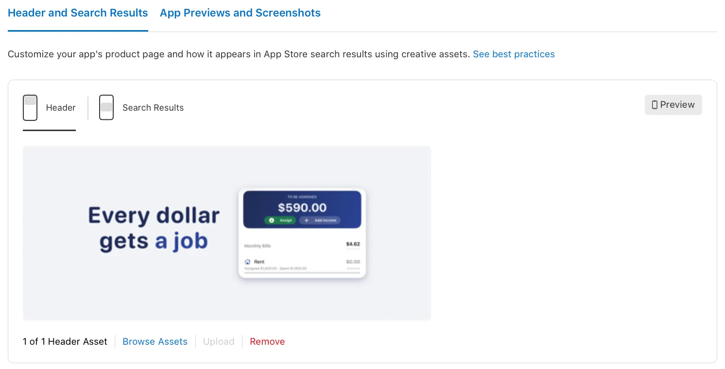 The Header slot on the app version page in App Store Connect, with one header asset placed and the Preview button