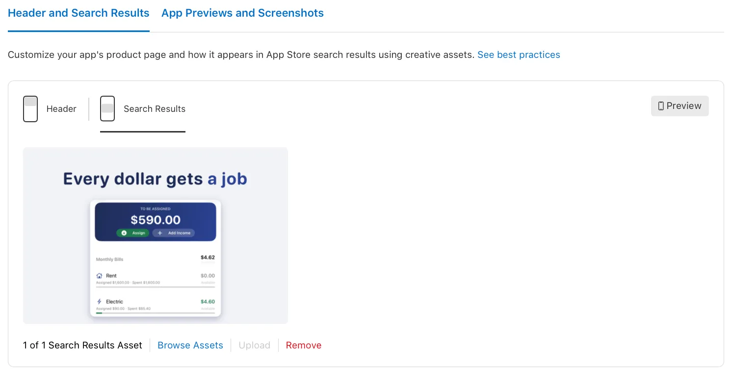 The Search Results slot on the same page, with one search results asset placed