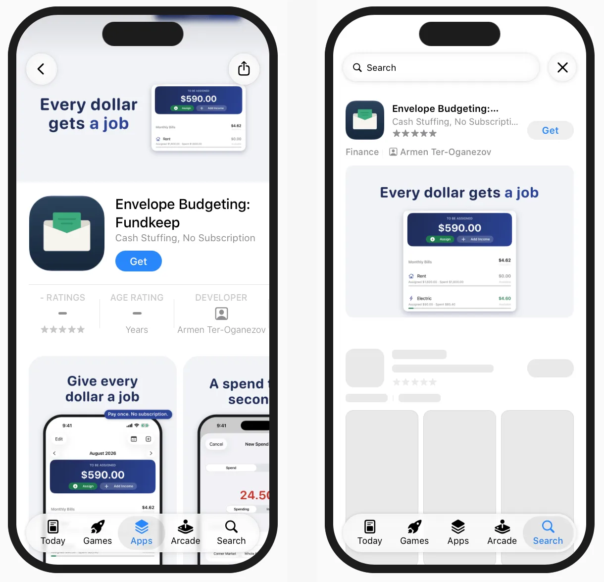 Device Preview in App Store Connect: the product page with the header on the left, the search result with the search image on the right
