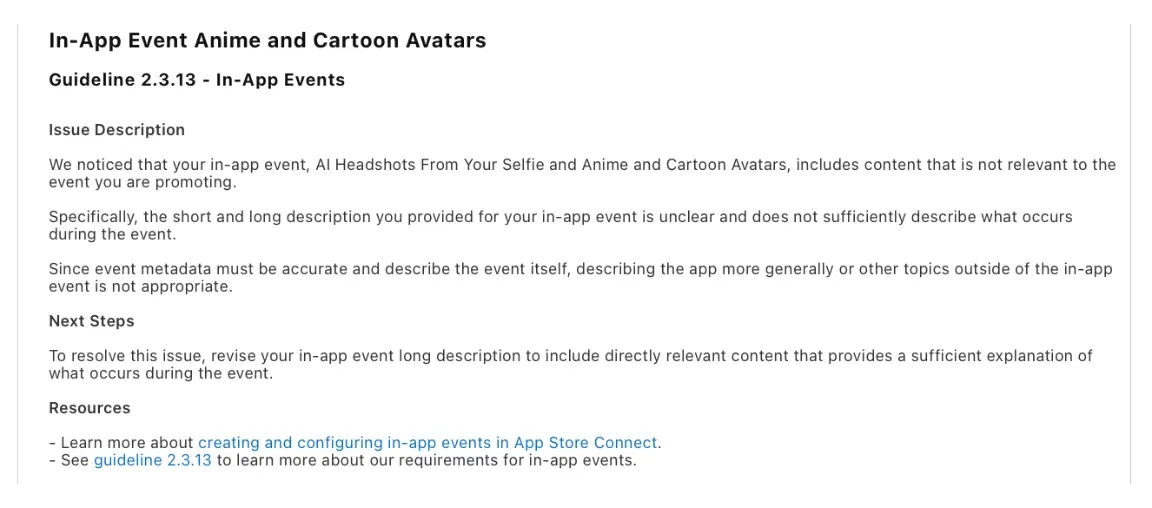 App Store Connect message for Guideline 2.3.13: the event description does not sufficiently describe what occurs during the event