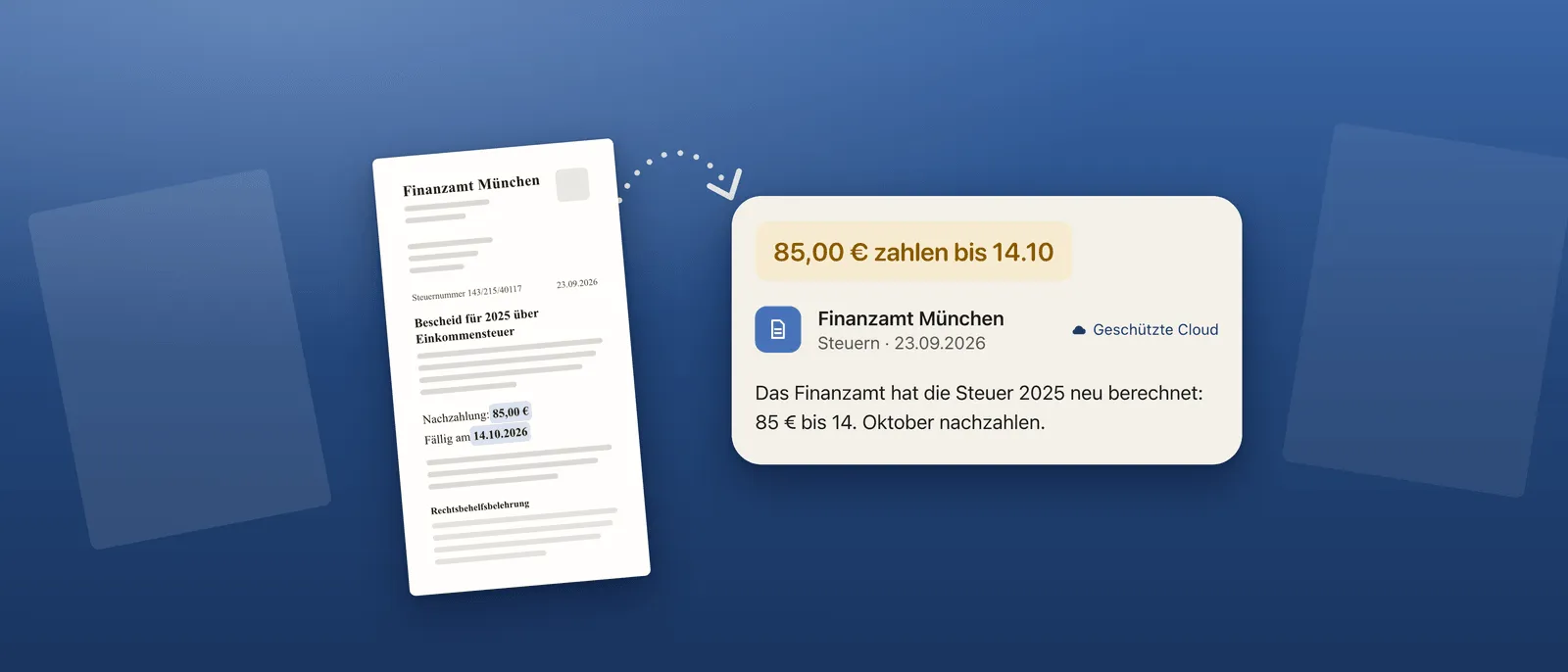 Kopfbild für Postklar: ein deutscher Behördenbrief wird zur Karte mit Betrag und Frist, ohne Überschrift