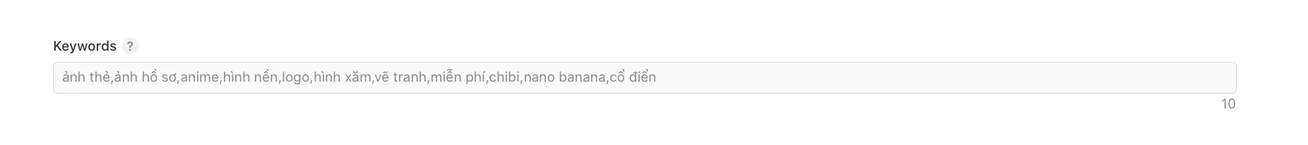 The Vietnamese keyword field in App Store Connect, 90 of 100 characters used