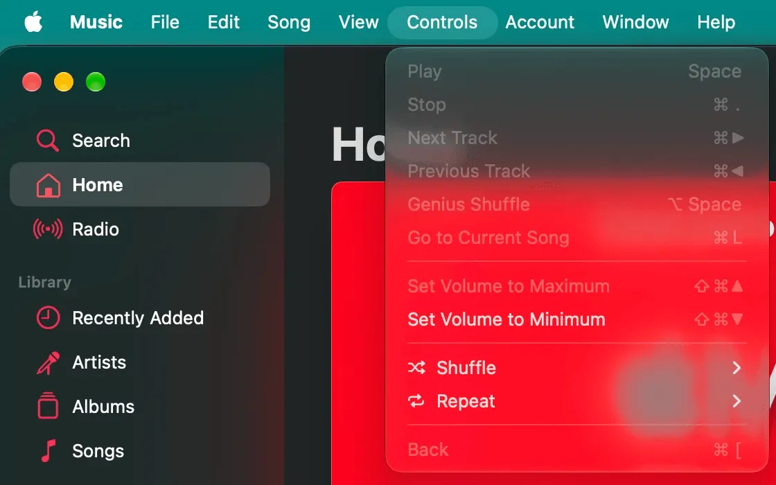 The Controls menu of the Music app on macOS 27.2: volume, shuffle and repeat, no sleep timer