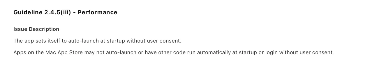 App Review message for Guideline 2.4.5(iii): the app sets itself to auto-launch at startup without user consent