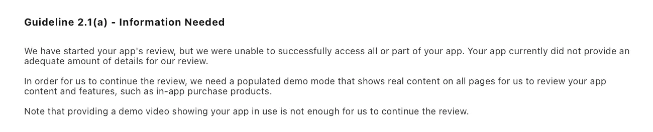 App Review message for Guideline 2.1(a): we need a populated demo mode