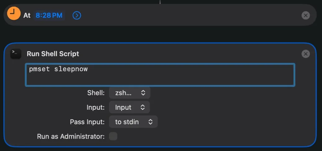 A Shortcuts automation on macOS 27.2: At 8:28 PM, then Run Shell Script with pmset sleepnow