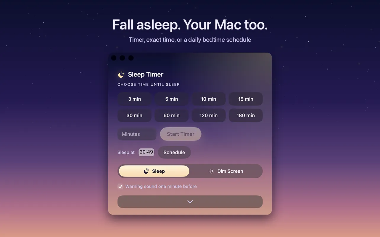 Sleep Timer on the Mac: presets from 3 to 180 minutes, an exact time to sleep at, and a switch between Sleep and Dim Screen