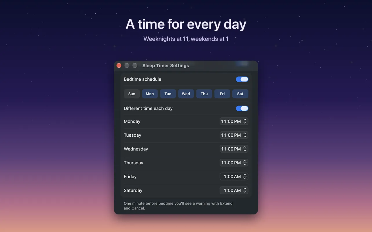 The bedtime schedule in Sleep Timer: weeknights at 11 PM, Friday and Saturday at 1 AM