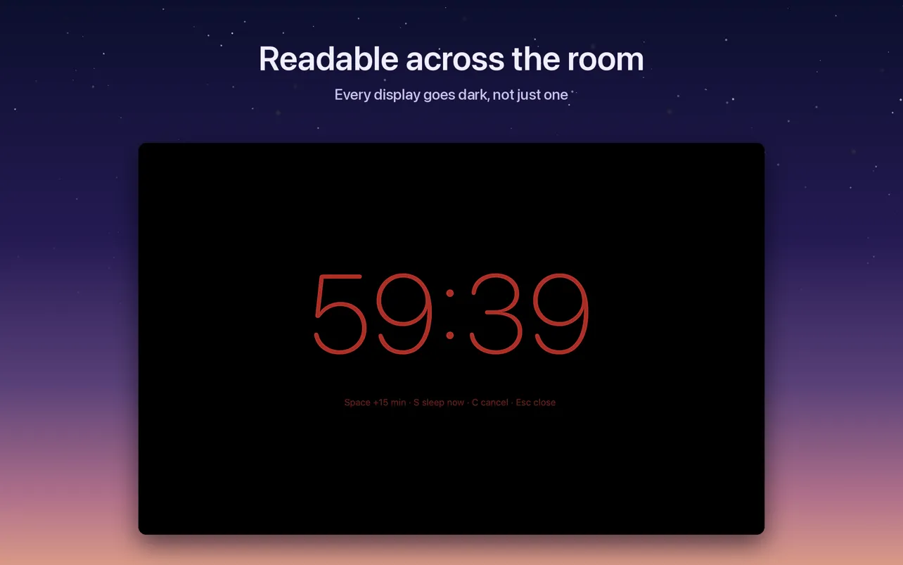 A full-screen countdown in red on a black screen, 59:39, with keys for plus 15 minutes, sleep now and cancel