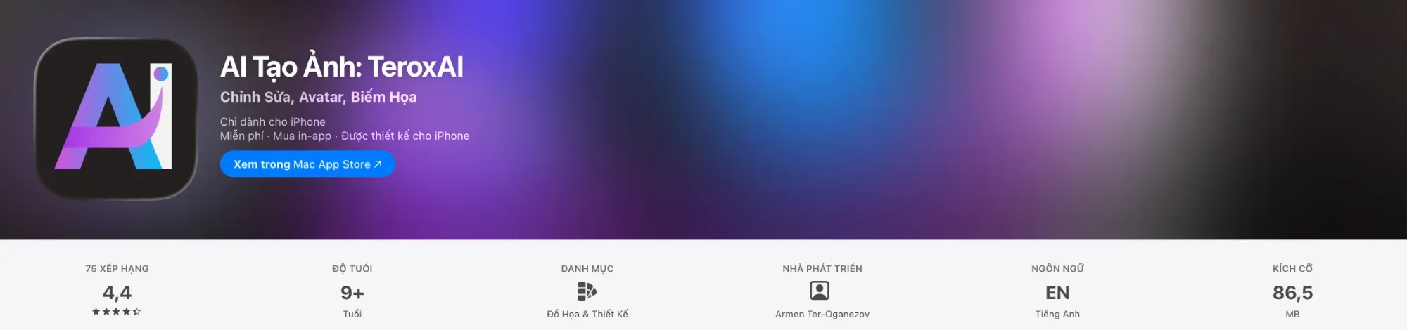 The app’s listing in the Vietnamese App Store: AI Tạo Ảnh: TeroxAI, 75 ratings, Graphics &amp; Design